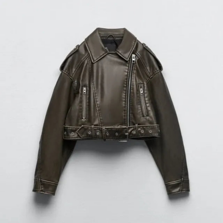 Women's Leather Biker Jacket – Short Zip Style with Belt