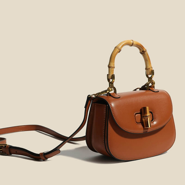 Women's Leather Handbag with Bamboo Detailing and Adjustable Shoulder Strap