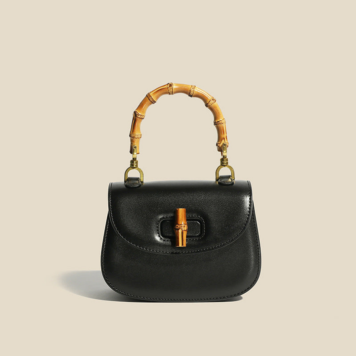 Women's Leather Handbag with Bamboo Detailing and Adjustable Shoulder Strap