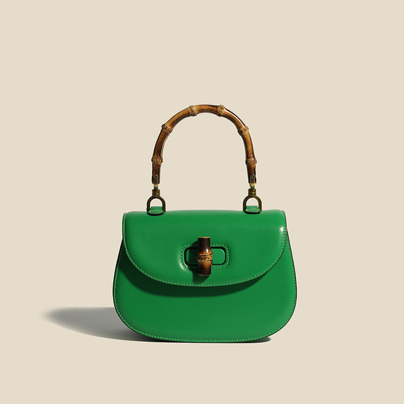 Women's Leather Handbag with Bamboo Detailing and Adjustable Shoulder Strap