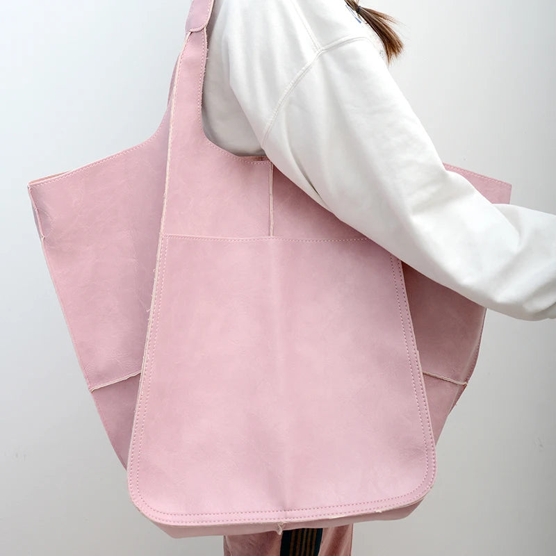 Women's Leather Tote Bag - Oversized Carryall with Side Pockets and Shoulder Strap