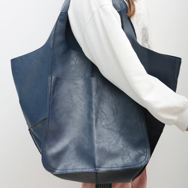 Women's Leather Tote Bag - Oversized Carryall with Side Pockets and Shoulder Strap