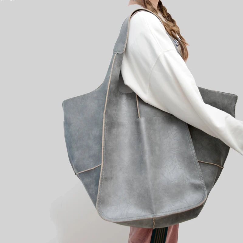Women's Leather Tote Bag - Oversized Carryall with Side Pockets and Shoulder Strap
