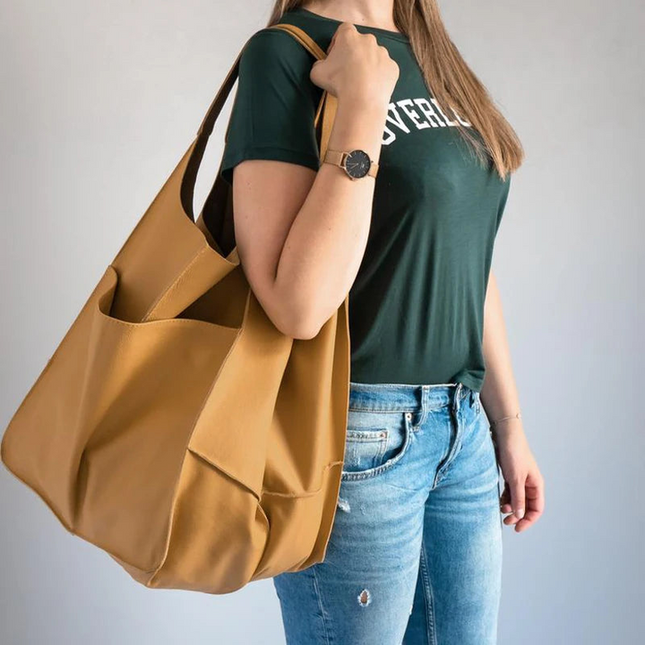 Women's Leather Tote Bag - Oversized Carryall with Side Pockets and Shoulder Strap