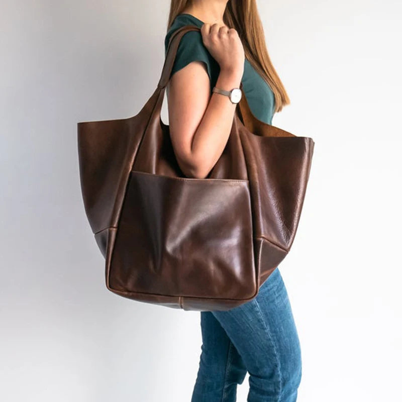 Women's Leather Tote Bag - Oversized Carryall with Side Pockets and Shoulder Strap