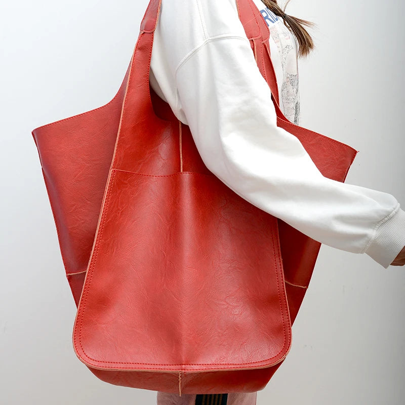 Women's Leather Tote Bag - Oversized Carryall with Side Pockets and Shoulder Strap