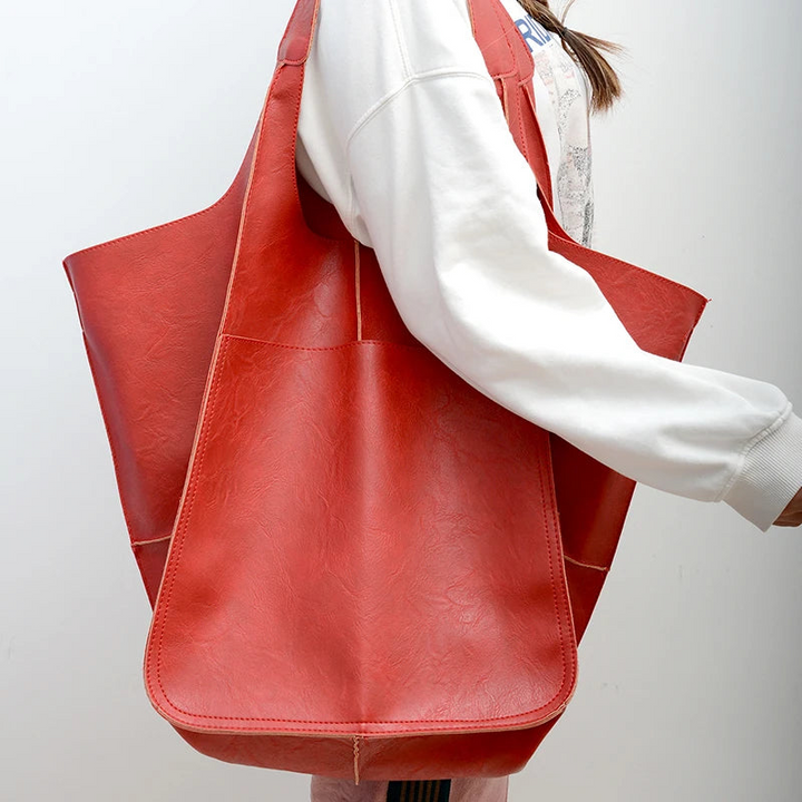 Women's Leather Tote Bag - Oversized Carryall with Side Pockets and Shoulder Strap