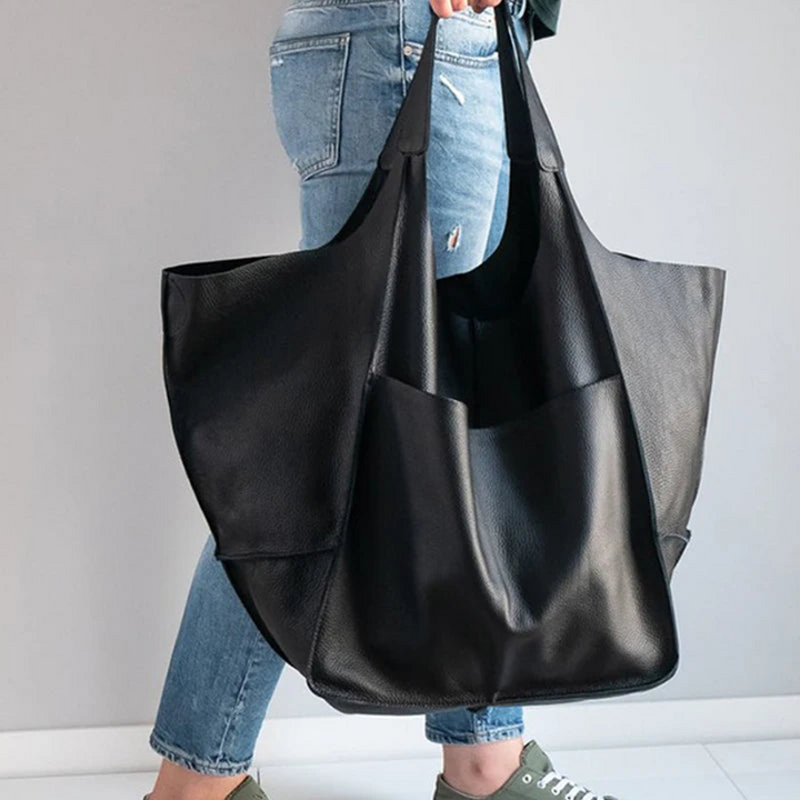 Women's Leather Tote Bag - Oversized Carryall with Side Pockets and Shoulder Strap