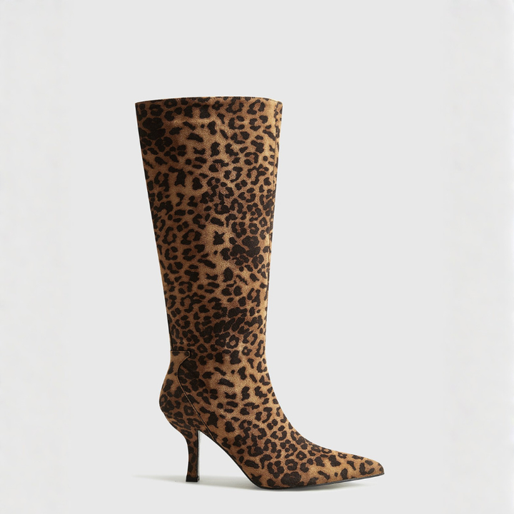 Women's Leopard Knee-High Boots – Pointed Toe Mid-Heel Style
