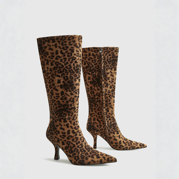 Women's Leopard Knee-High Boots – Pointed Toe Mid-Heel Style