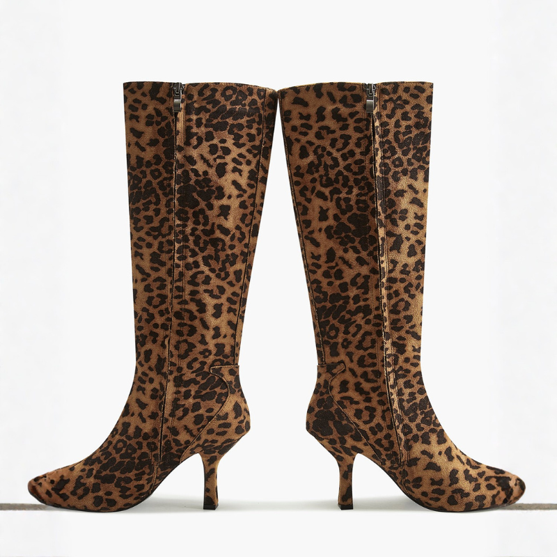 Women's Leopard Knee-High Boots – Pointed Toe Mid-Heel Style
