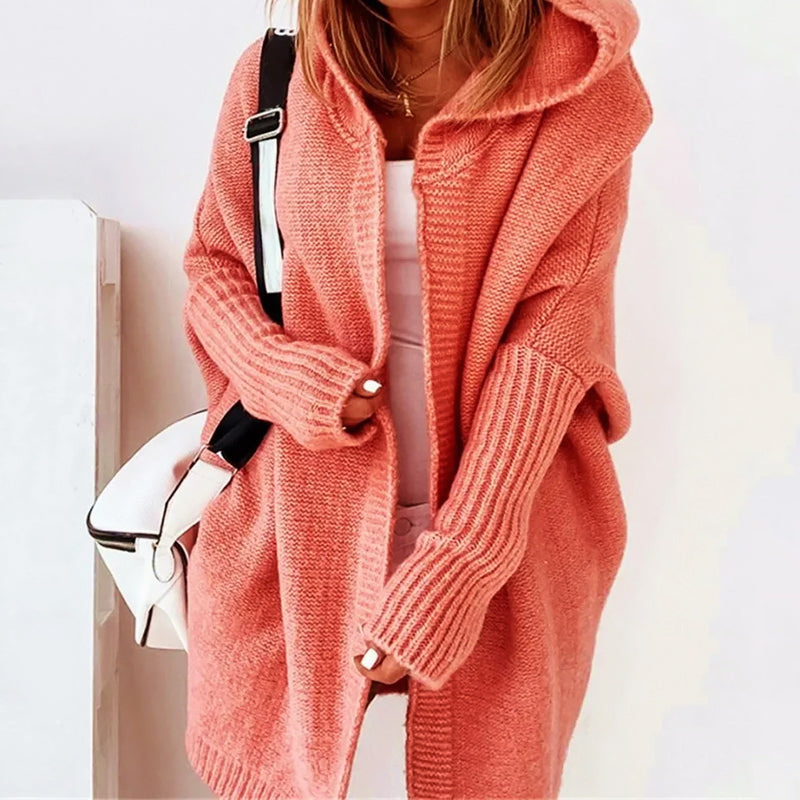Women's Long Hooded Cardigan – Oversized Knit Sweater for Everyday