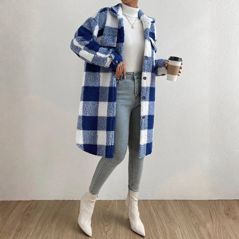 Women's Long Plaid Coat – Full-Length Winter Style with Pockets
