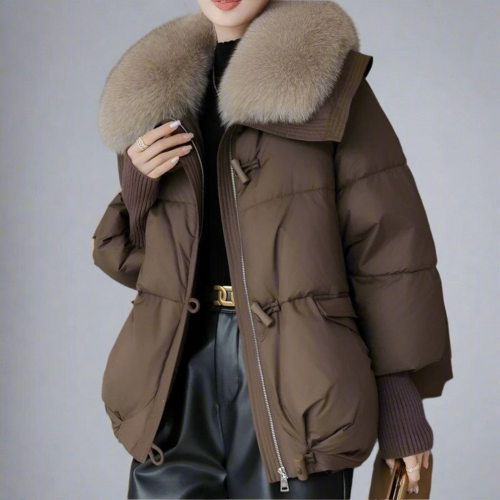 Women’s Long Puffer Coat with Faux Fur Collar for Winter