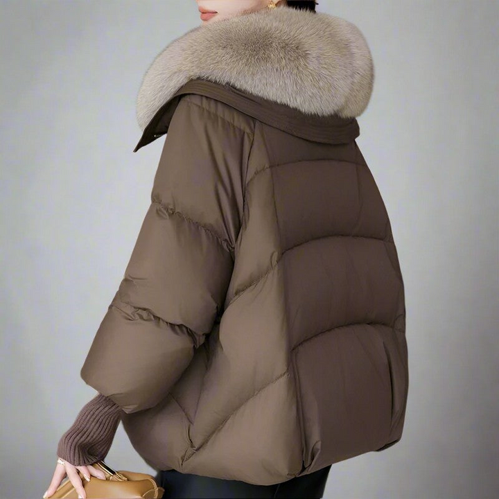 Women’s Long Puffer Coat with Faux Fur Collar for Winter