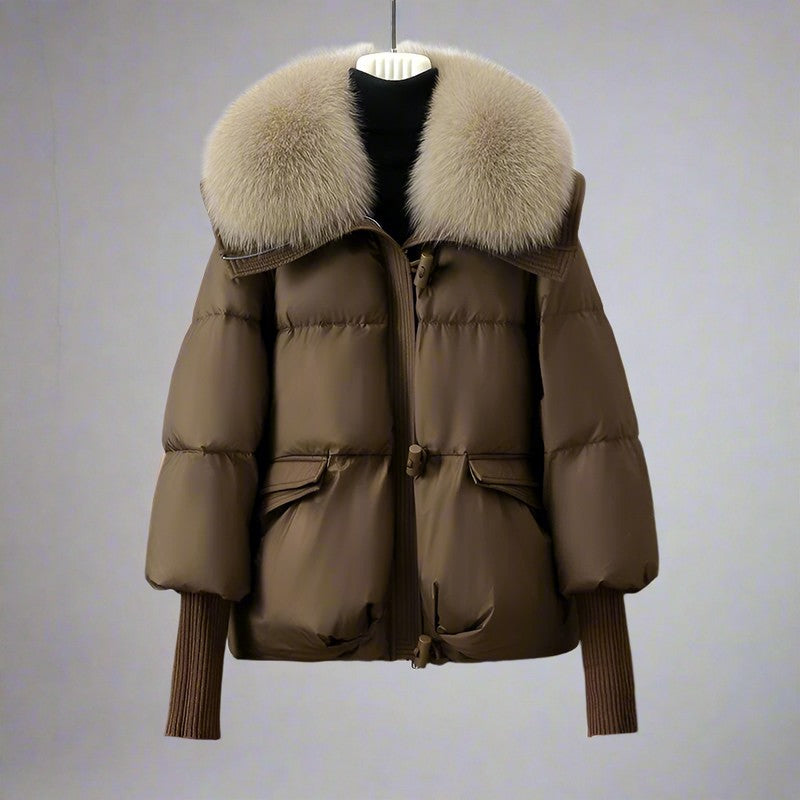 Women’s Long Puffer Coat with Faux Fur Collar for Winter