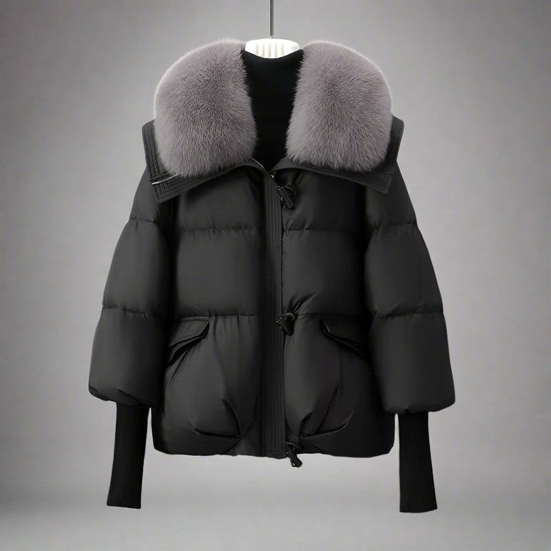 Women’s Long Puffer Coat with Faux Fur Collar for Winter