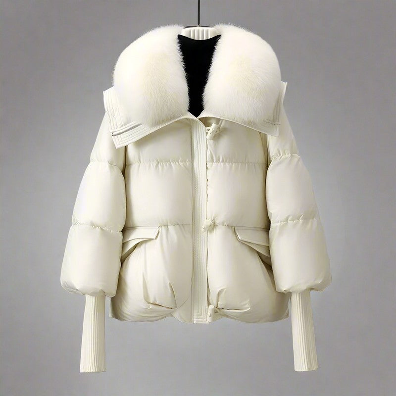Women’s Long Puffer Coat with Faux Fur Collar for Winter