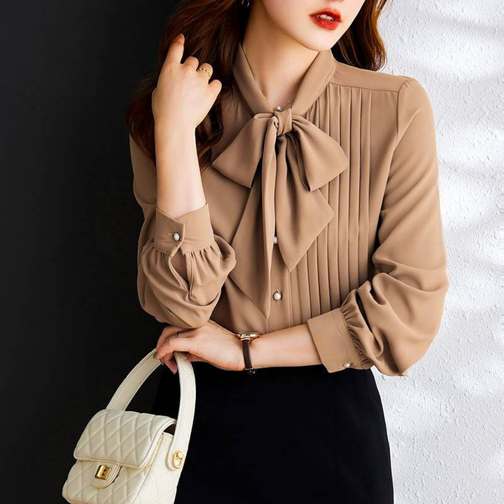Women’s Long Sleeve Chiffon Blouse – Bow Tie & Pearl Button Design