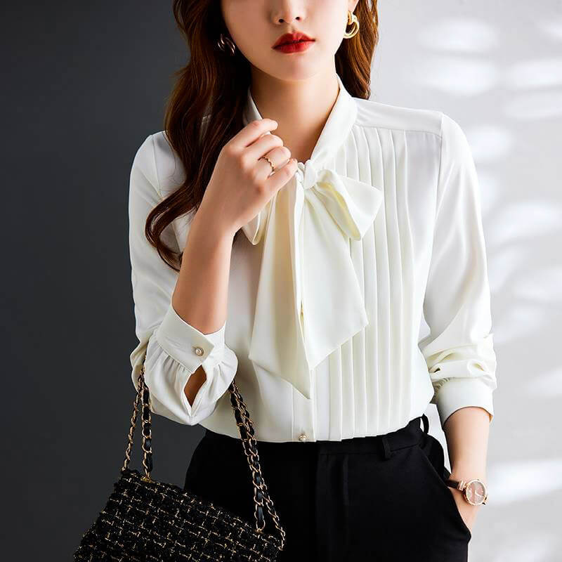 Women’s Long Sleeve Chiffon Blouse – Bow Tie & Pearl Button Design