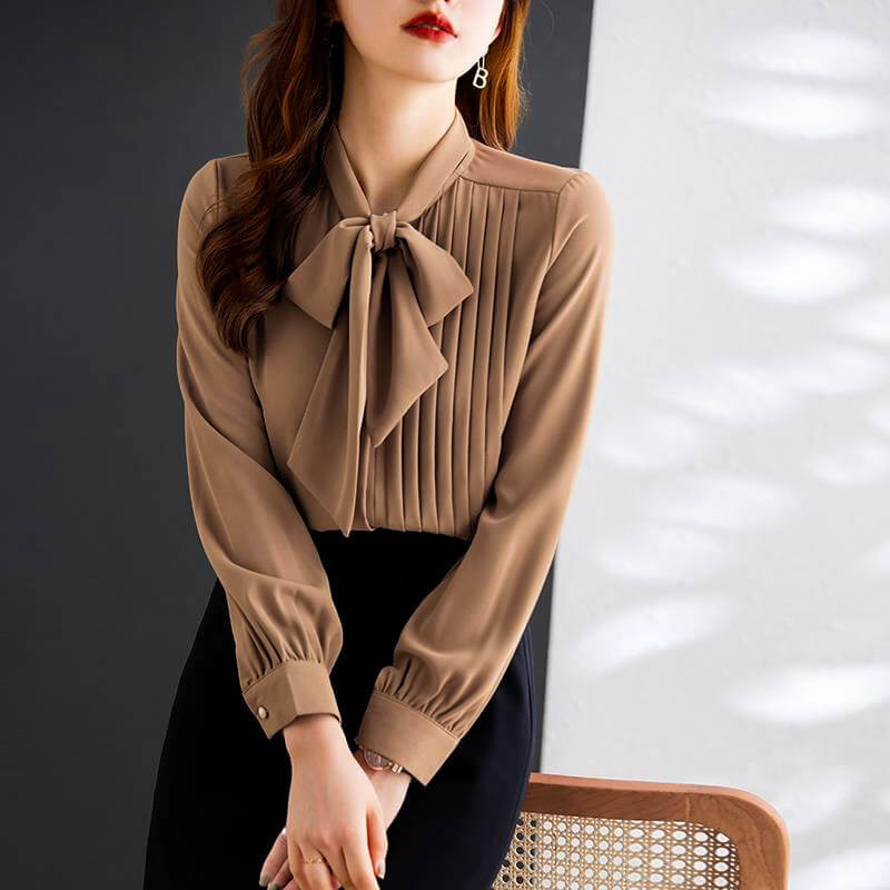 Women’s Long Sleeve Chiffon Blouse – Bow Tie & Pearl Button Design