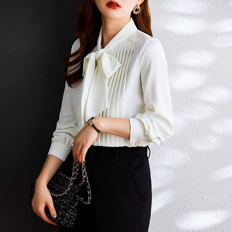 Women’s Long Sleeve Chiffon Blouse – Bow Tie & Pearl Button Design