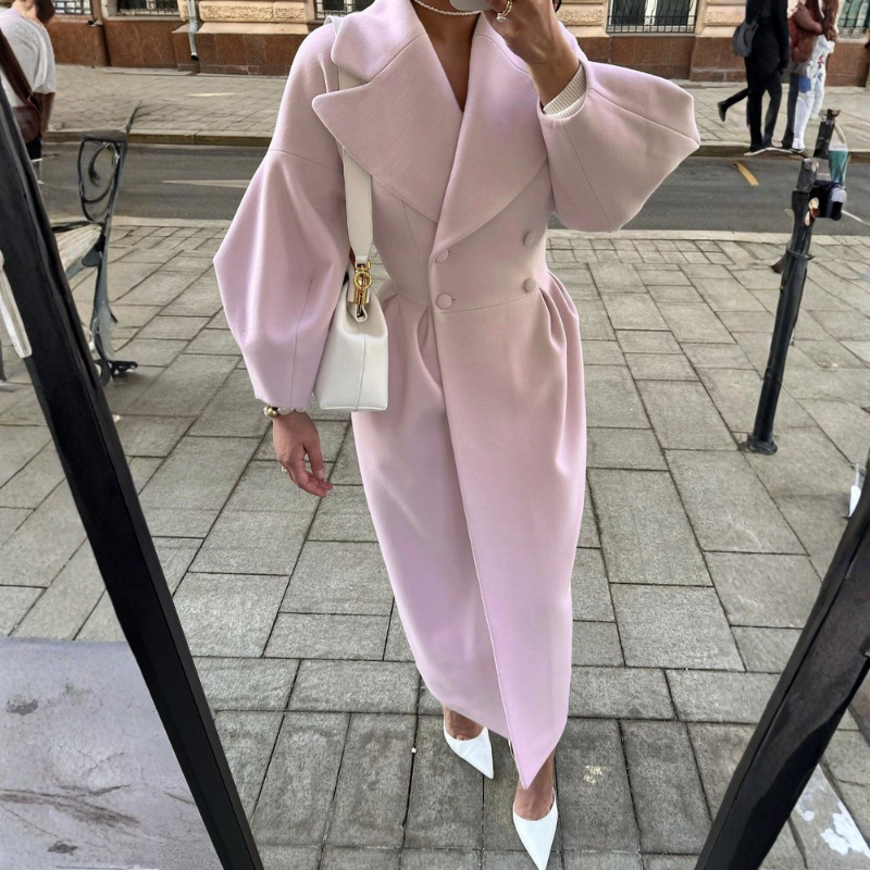 Women's Long Wool Coat – Oversized Lapel Double-Breasted Design