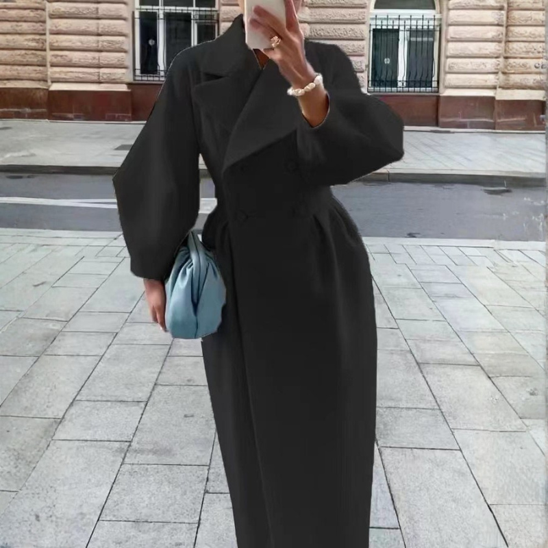 Women's Long Wool Coat – Oversized Lapel Double-Breasted Design