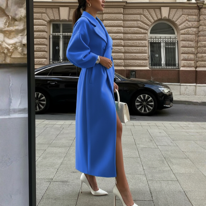 Women's Long Wool Coat – Oversized Lapel Double-Breasted Design