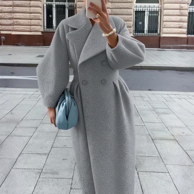 Women's Long Wool Coat – Oversized Lapel Double-Breasted Design