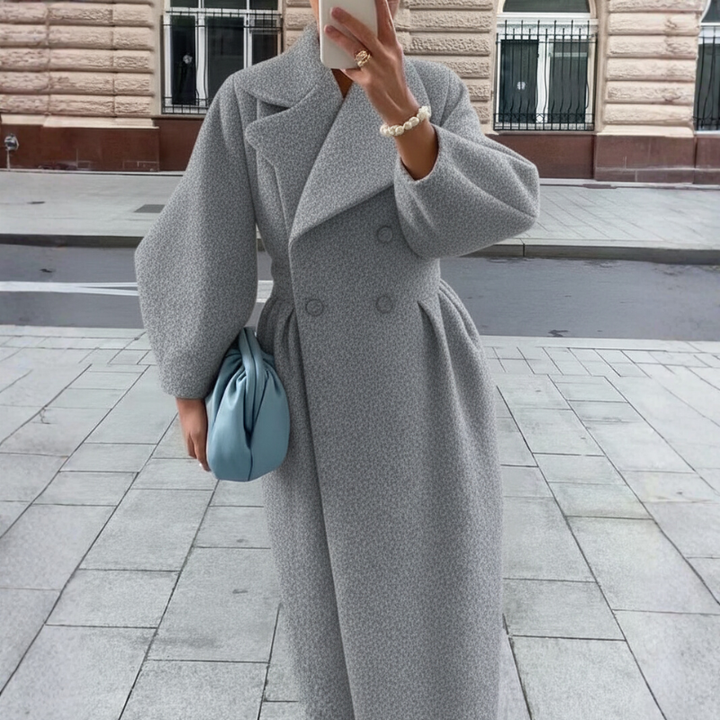Women's Long Wool Coat – Oversized Lapel Double-Breasted Design