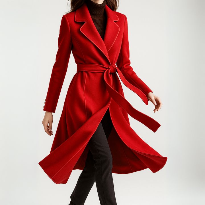 Women's Long Wool Coat with Belt Tie for Autumn Winter