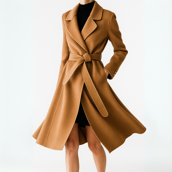 Women's Long Wool Coat with Belt Tie for Autumn Winter