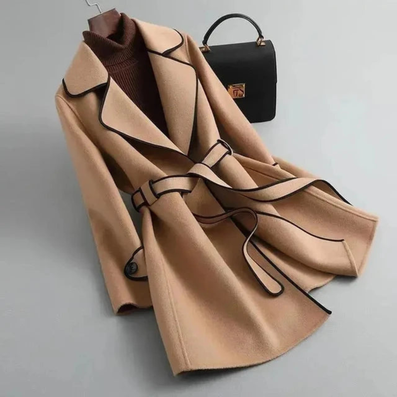 Women's Long Wool Coat with Belt Tie for Autumn Winter