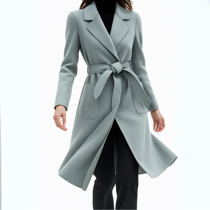 Women's Long Wool Coat with Belt Tie for Autumn Winter