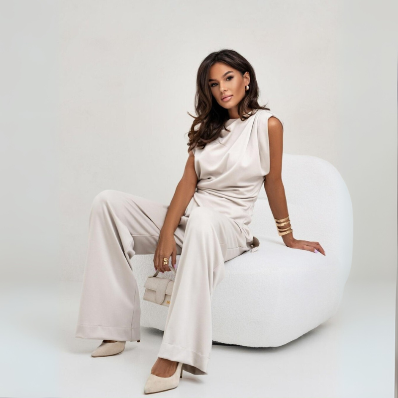 Women's Loungewear Set - Draped Top and Wide Leg Pants