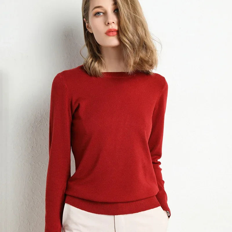 Women's O-Neckline Wool and Ribbed Knit Sweater
