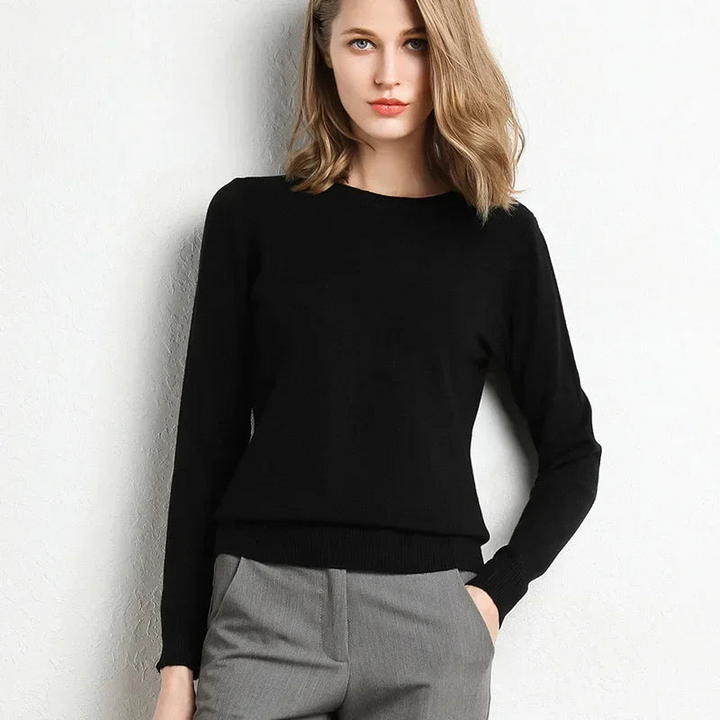 Women's O-Neckline Wool and Ribbed Knit Sweater