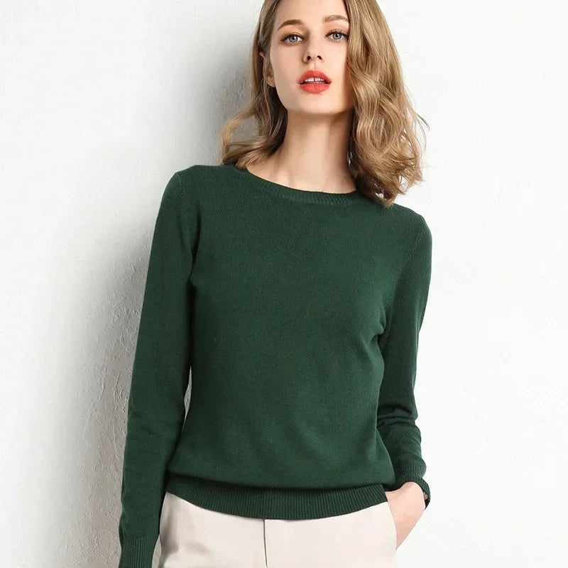 Women's O-Neckline Wool and Ribbed Knit Sweater