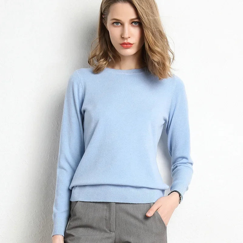 Women's O-Neckline Wool and Ribbed Knit Sweater