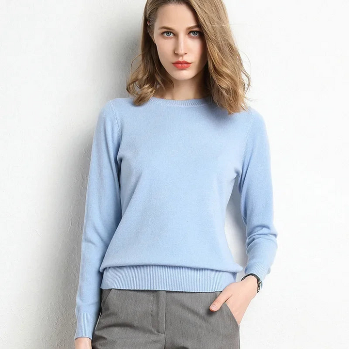 Women's O-Neckline Wool and Ribbed Knit Sweater