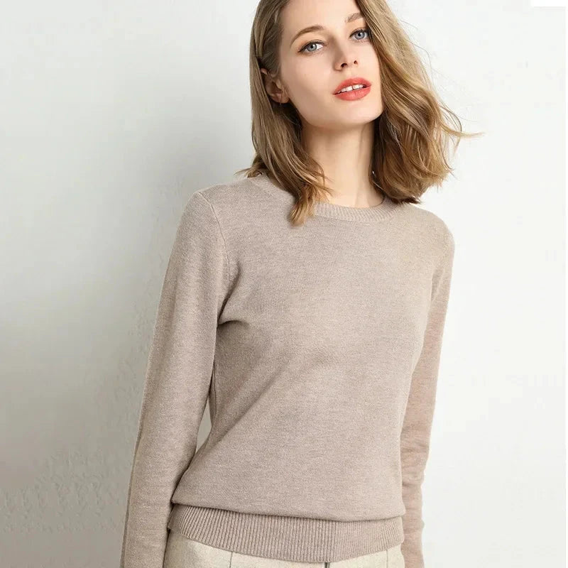 Women's O-Neckline Wool and Ribbed Knit Sweater