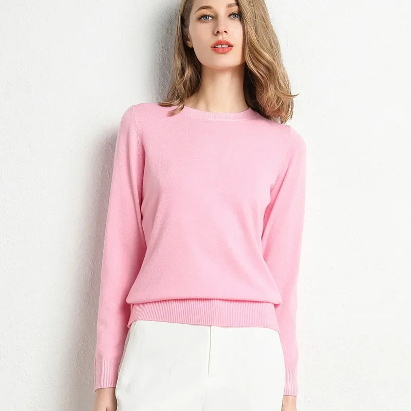Women's O-Neckline Wool and Ribbed Knit Sweater