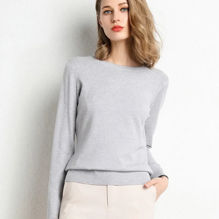 Women's O-Neckline Wool and Ribbed Knit Sweater