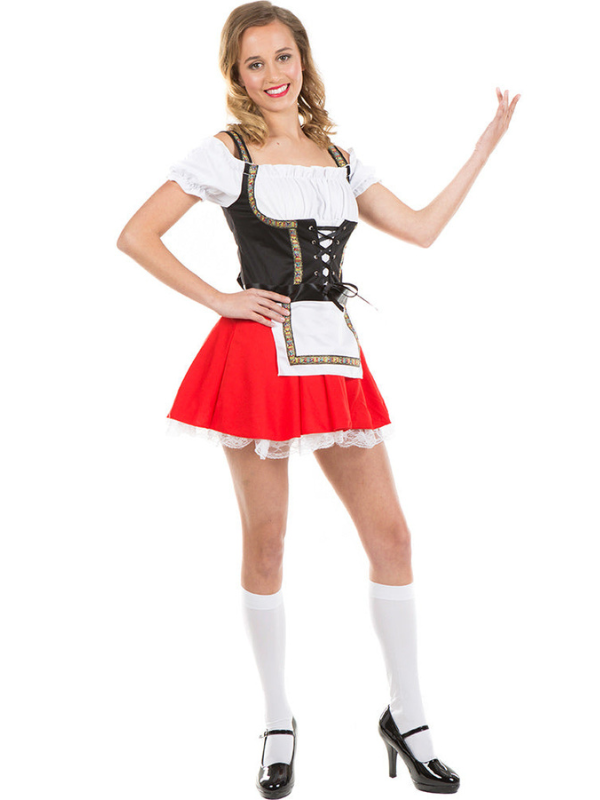 Women's Oktoberfest Beer Maid Costume Set with Dress, Apron, and Choker for Halloween