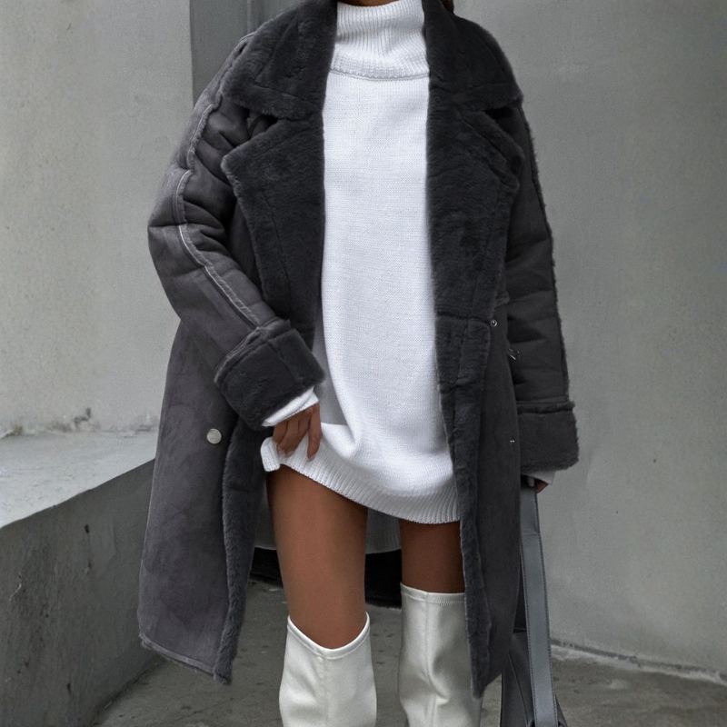 Women's Oversize Winter Coat – Fur Lined with Lapel Collar