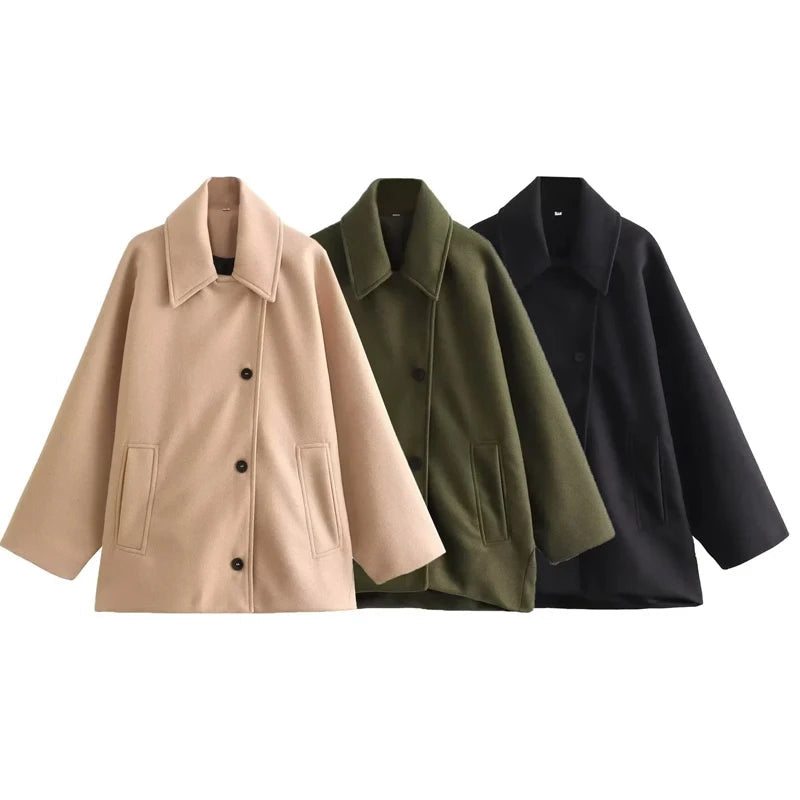 Women's Oversized Winter Coat – Long Sleeve Button Front Style