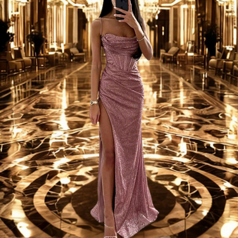 Women's Satin Evening Dress – Sweetheart Neckline with High Slit