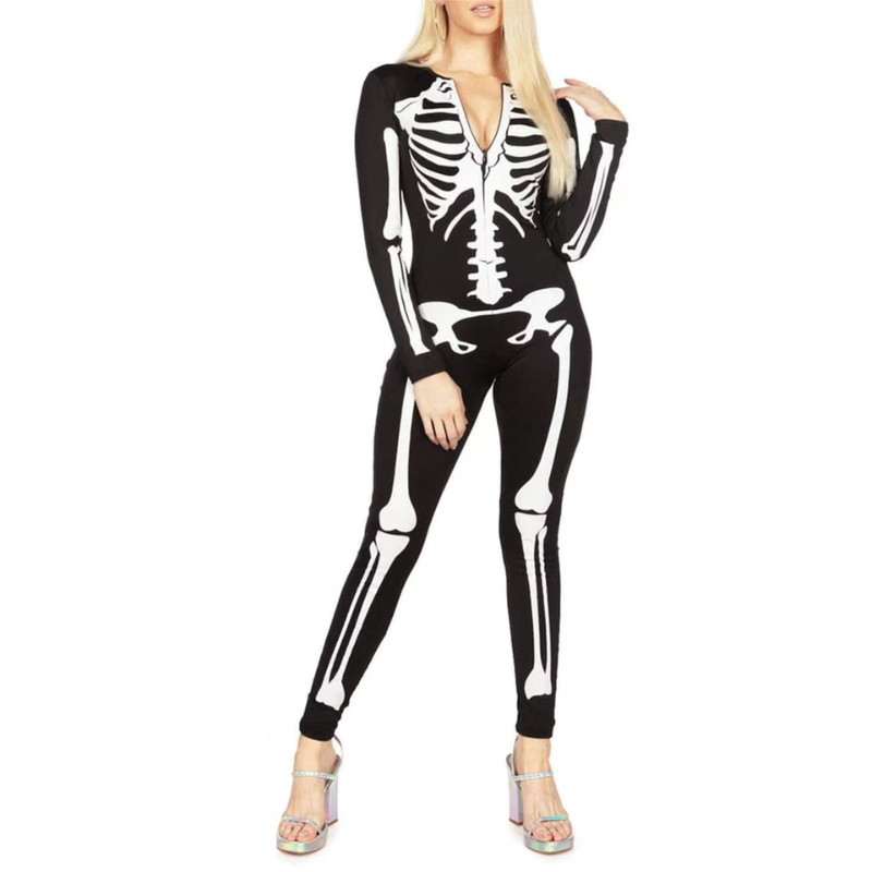 Women's Skeleton Print Costume for Halloween - Spooky Design for Parties and Themed Events