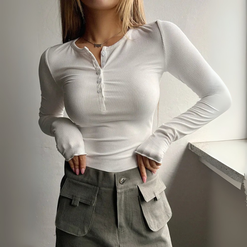 Women's Slim-Fit Long Sleeve Henley Top